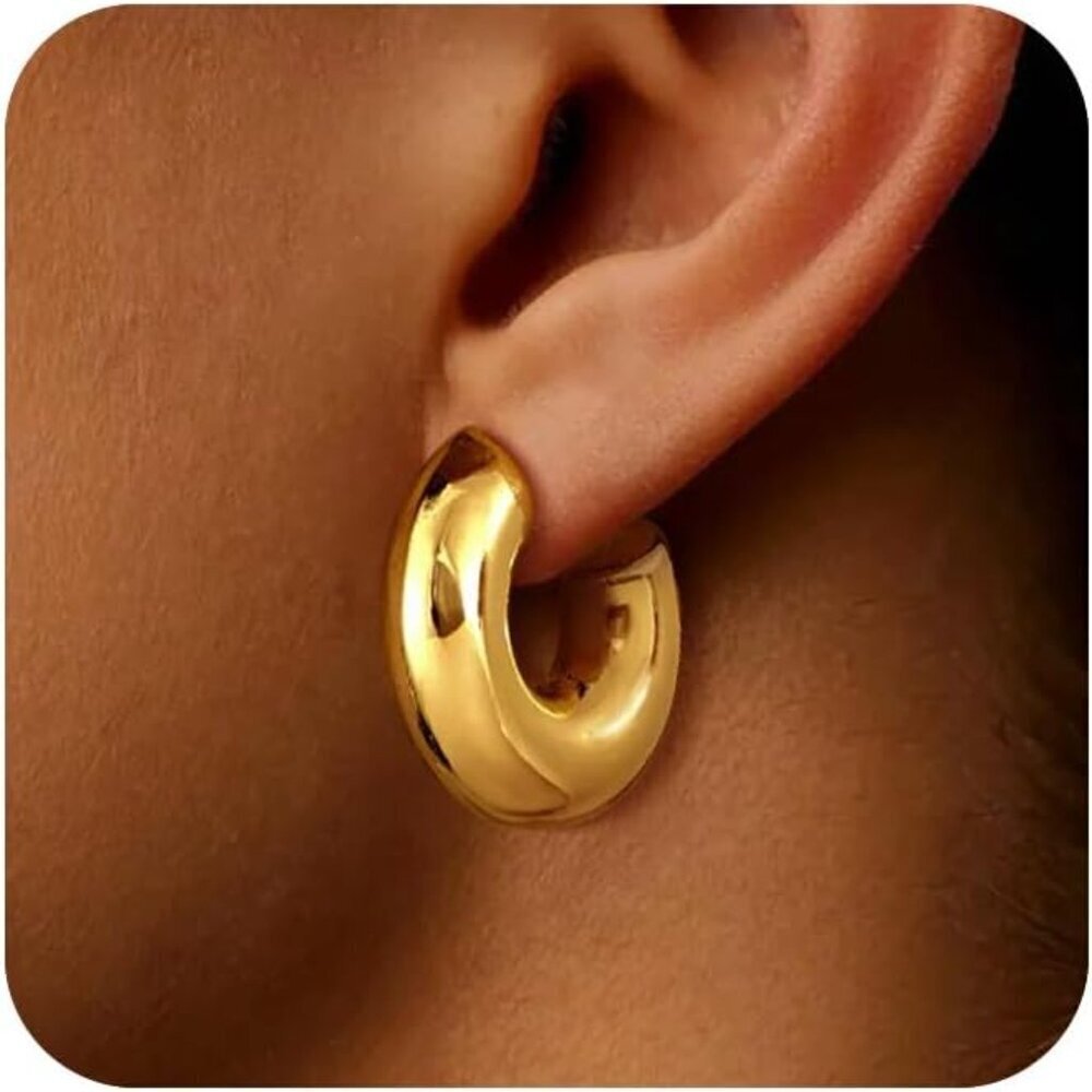 Chunky Gold Hoop Earrings for Women 14K Plated Waterdrop Dainty Jewelry - Picture 1 of 7